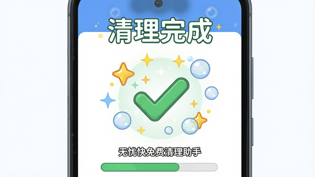 一部安卓手机屏幕显示“无忧快免费清理助手”的清理完成界面,画面中央有一个绿色的对勾图标,周围环绕着闪亮的星星和清洁泡泡,手机上方飘浮着“清理完成”字样,主体位于画面中心,布局为上下结构,排版简洁,风格为卡通扁平化设计,细节包括绿色对勾、闪光粒子、进度条,画质高清,画面干净,无多余元素