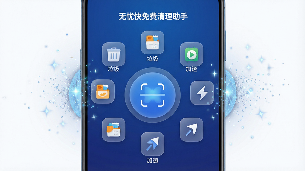一部安卓手机屏幕中央显示“无忧快免费清理助手”应用界面,界面呈深蓝色渐变背景,中央有一个圆形扫描按钮,周围环绕着垃圾文件、缓存图标、加速箭头等元素,手机两侧漂浮着闪亮的清洁粒子,整体布局简洁对称,风格为现代科技感扁平化设计,细节包括半透明卡片、圆角图标、柔和阴影,画质高清,画面干净,无多余元素