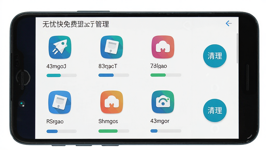 一部安卓手机屏幕展示“无忧快免费清理助手”的应用管理页面,画面中央有多个应用图标排列成网格状,每个图标下方显示缓存大小,右侧有清理按钮,主体突出手机界面,布局为上下结构,排版整齐,风格为清新扁平化设计,细节包括彩色应用图标、圆形清理按钮、进度条,画质高清,画面干净,无多余元素