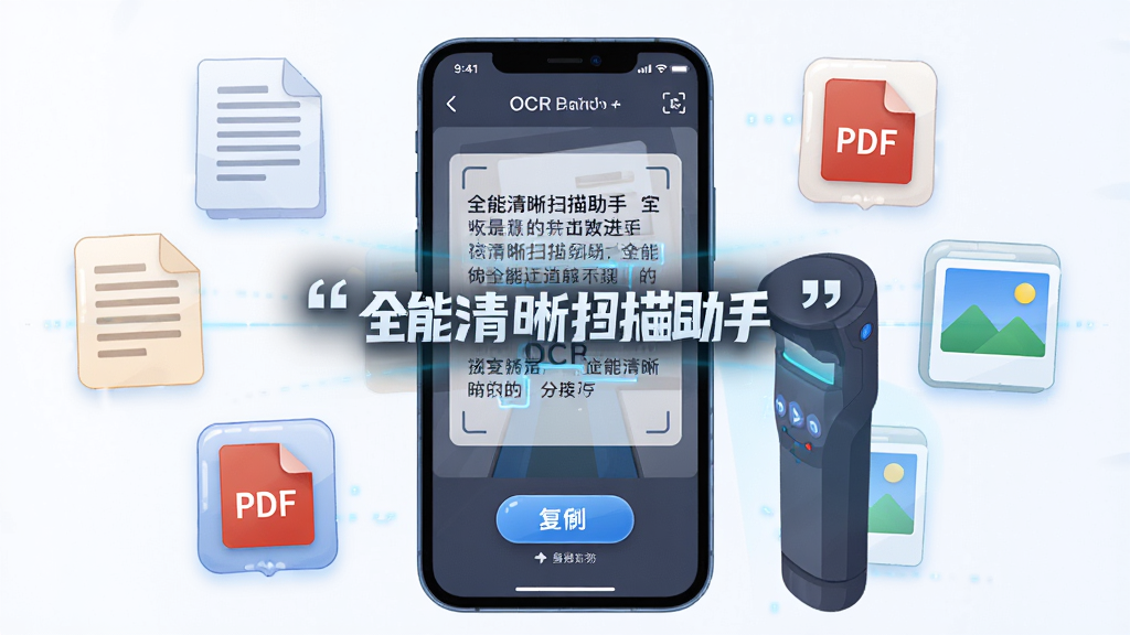 ��������Ϊһ�������ֻ���һ̨����ɨ���ǵĽ���壬�ֻ���Ļ��չʾȫ������ɨ�����ֵ�OCRʶ�������棬��Ļ�ϵ�����ʾʶ��������ֶ����븴�ư�ť���ֻ���Χ������Ư�����ĵ�ͼ�ꡢPDFͼ���ͼƬͼ�꣬���ֲ������ĶԳƹ�ͼ���Ű��η��������Ϊ�Ƽ��б�ƽ�廭�磬ϸ����ͻ������ʶ��ĸ���Ч����ͼ��Ĺ���У�����Ҫ����塢�ɾ����޶���Ԫ�أ��������������������ʾΪ