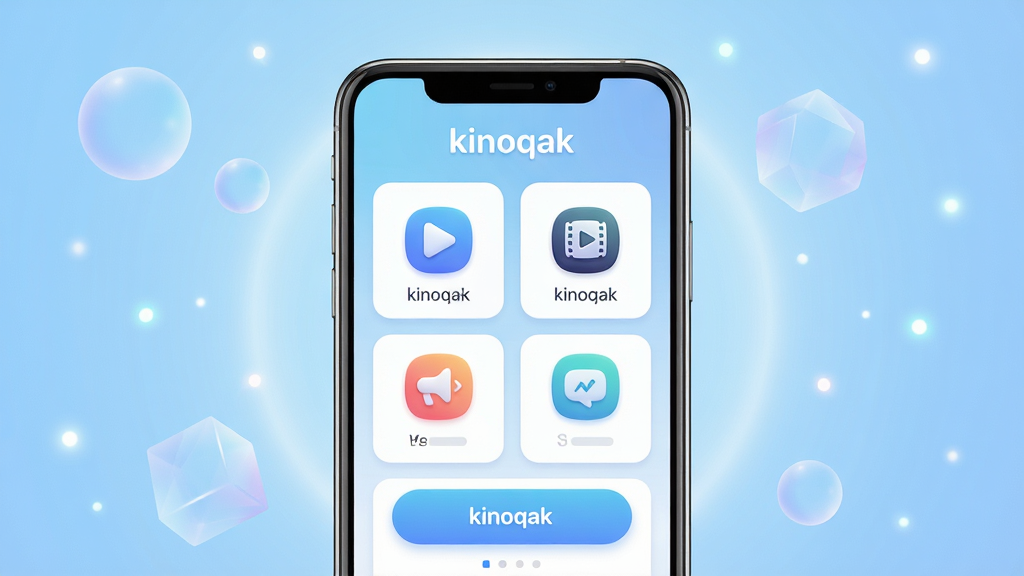 kinoqak是一款安卓手机应用,画面中央展示一部智能手机,手机屏幕显示kinoqak主界面,界面采用简洁的卡片式布局,有多个功能图标和互动按钮。背景为浅蓝色渐变,周围漂浮着半透明的几何图形和光点。主体突出手机与屏幕内容,布局居中对称,排版清晰有序,风格为现代科技感与轻松活泼相结合。细节包括手机边框的高光、屏幕内图标的立体感、背景光晕的柔和过渡。画质为4K超高清,画面干净,无多余元素,文字部分标注“kinoqak”字样。