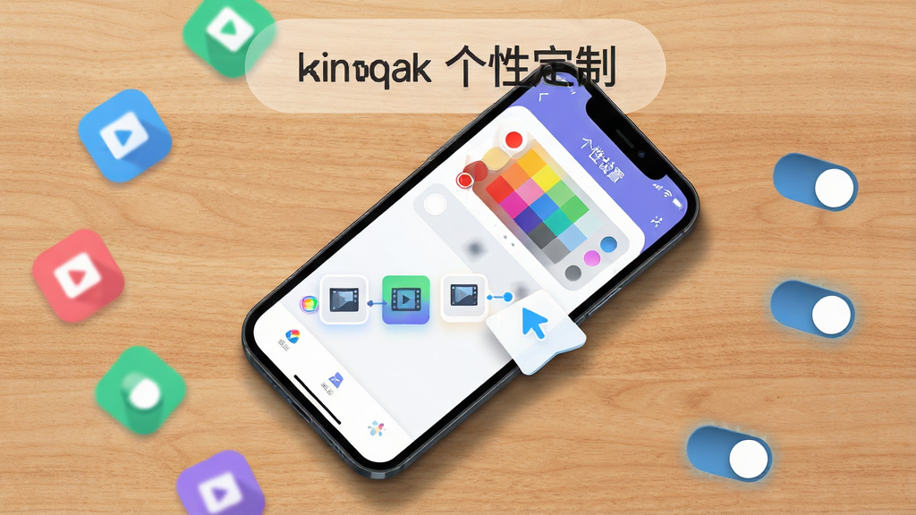 kinoqak功能展示图,画面中一部手机平放在桌面上,屏幕显示kinoqak的个性化设置界面,有颜色选择器和模块拖拽动画。周围散落着几个彩色图标和开关按钮。布局为俯视视角,手机位于画面中央偏下。风格为清新明快的扁平化设计,细节包括桌面木纹、手机阴影、屏幕内UI元素的微动效。画质为超清,画面干净整洁,文字标注“kinoqak 个性定制”。