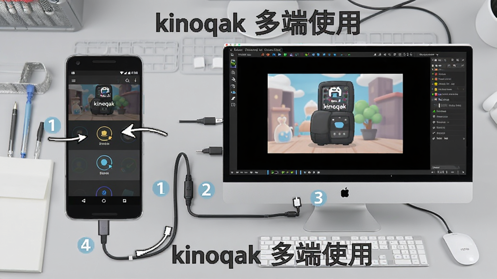 kinoqak使用教程示意图,画面展示一部安卓手机和一部电脑并排摆放,手机屏幕显示kinoqak主界面,电脑屏幕显示安卓模拟器运行kinoqak的画面。布局为左右对比式,背景为浅灰色工作台。风格为清晰的教程图解风,细节包括手机与电脑的连接线、屏幕中的操作步骤数字标注、箭头指示。画质高清,画面干净,文字标注“kinoqak 多端使用”。