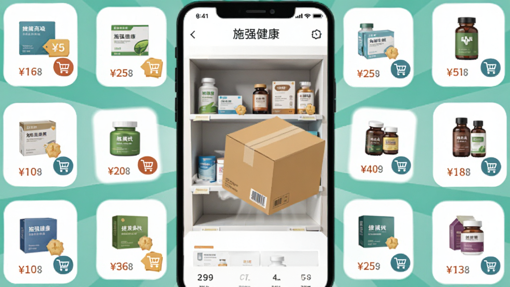 չʾ��ʩǿ������APP�ڵĽ����̳�ҳ�棬����������ڷ���ҩ�кͱ���Ʒ��һ�������������Ļ�зɳ������ֲ������ķ���״���Ű���Ʒͼ�껷�����ܣ����Ϊ��ƽ��������ƣ�ϸ�ڰ����۸��ǩ�͹��ﳵͼ�꣬�����������ɾ����޶���Ԫ��