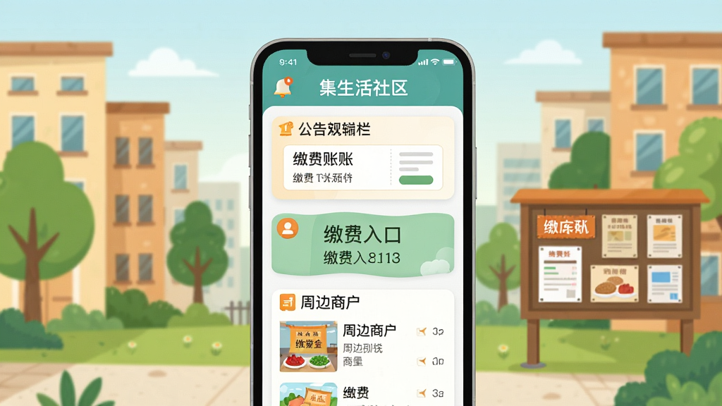 一幅表现集氏生活社区便民服务聚合功能的插画,主体为手机界面展示公告栏、缴费入口、周边商户列表,背景是温馨的社区场景,有楼房、绿树、公告栏,布局为手机居中、场景环绕,排版层次分明,风格为清新扁平插画,细节包括通知图标、缴费账单、商户招牌,画质高清,画面干净无多余元素
