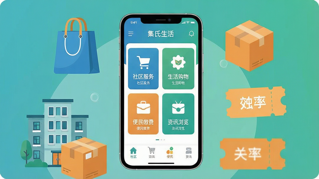 一张展示集氏生活APP核心功能的合成画面,主体是一部智能手机屏幕显示集氏生活应用首页,页面包含社区服务、生活购物、便民缴费、资讯浏览等模块入口,手机周围环绕购物袋、快递盒、社区楼房、优惠券等生活元素图标,布局居中对称,排版清晰有序,风格为现代扁平化UI插画,色彩以蓝绿暖橙为主,细节干净利落,画质高清,画面干净无多余元素
