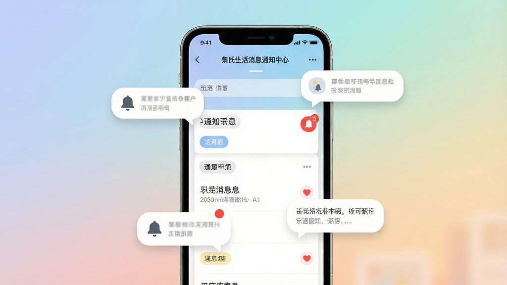 一张集氏生活消息通知中心界面图,主体为手机屏幕显示消息列表与红点提醒,背景为柔和渐变,布局为手机居中、消息气泡漂浮,排版清晰,风格为简约扁平UI风格,细节包含通知铃铛、未读角标、分类标签,画质高清,画面干净无多余元素