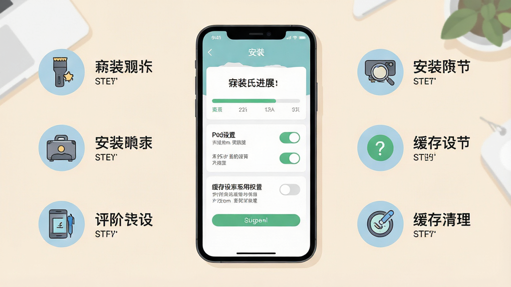 一张集氏生活新手安装与使用指南示意图,主体为手机屏幕展示安装步骤与权限设置界面,背景为简洁的浅色桌面,布局为手机居中、步骤图标分列两侧,排版清晰,风格为扁平化教程插画,细节包含安装进度条、权限开关、缓存清理图标,画质高清,画面干净无多余元素