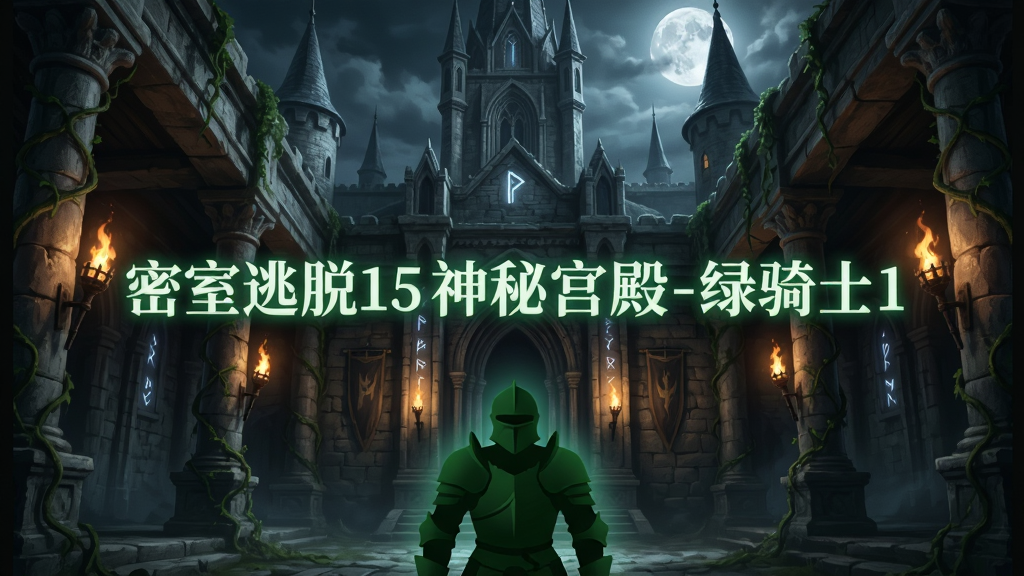 主体为一座中世纪风格的宏伟神秘宫殿,布局为宫殿正面全景,前景有绿骑士盔甲剪影,排版为竖版游戏宣传图,风格为暗黑奇幻写实风,细节包括石柱、藤蔓、火炬、魔法符文、月光,画质高清,干净,无多余元素。画面中央用发光字体写