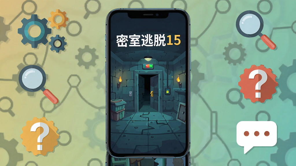主体为一部智能手机显示密室逃脱游戏画面,布局为手机居中、周围环绕解谜图标,排版为教程说明图,风格为扁平化科技风,细节包括手机边框、齿轮、放大镜、问号、提示气泡,画质高清,干净,无多余元素。手机屏幕中写