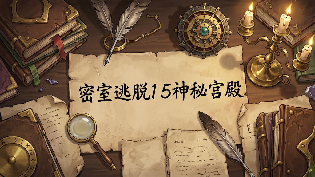 主体为一张摆满古老书籍和魔法道具的书桌,布局为俯视视角,排版为解谜场景特写,风格为复古奇幻插画风,细节包括羊皮纸、羽毛笔、放大镜、密码转盘、烛台,画质高清,干净,无多余元素。桌面上用墨水写