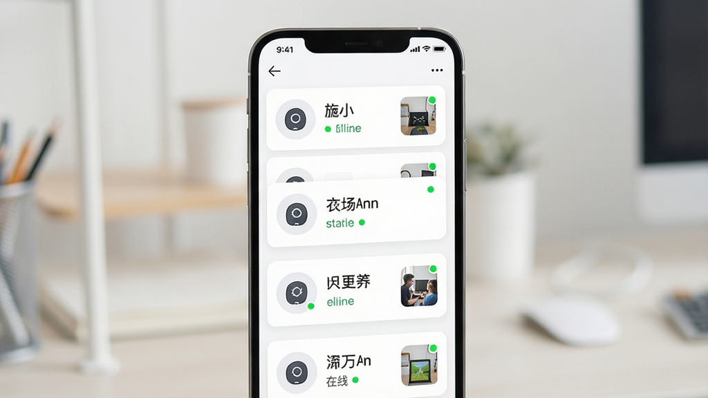��С�Ҷ��豸��������չʾͼ������Ϊ�ֻ���Ļ��ʾ�豸�б�ҳ�棬����Ϊ�������е��豸��Ƭ��ÿ����Ƭ�����豸���ơ�����״̬������ͼ���Ű��������򣬷��Ϊ���¼�Լ�Ŀ�ƬʽUI��ϸ�ڰ���Բ���豸ͼ������ɫ����ָʾ�㣬���ʸ��壬�ɾ����޶���Ԫ��