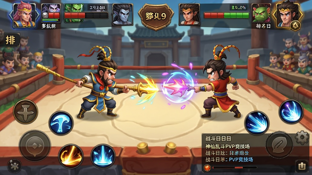 �λ����μ�-�����Ҷ����غ�PVP���������棬����Ϊ��λ��ҽ�ɫ�ھ������ж�ս�����ֲ���������ս���棬�Ϸ���ʾ˫��������Ѫ�����·�Ϊ�����ͷŰ�ť��ս����־���Ű����������Ϊ���羺����ͨ��ϸ�ڰ�����������̨������ϯ��������Ч��������ʶ�����ʸ���ɾ����޶���Ԫ��