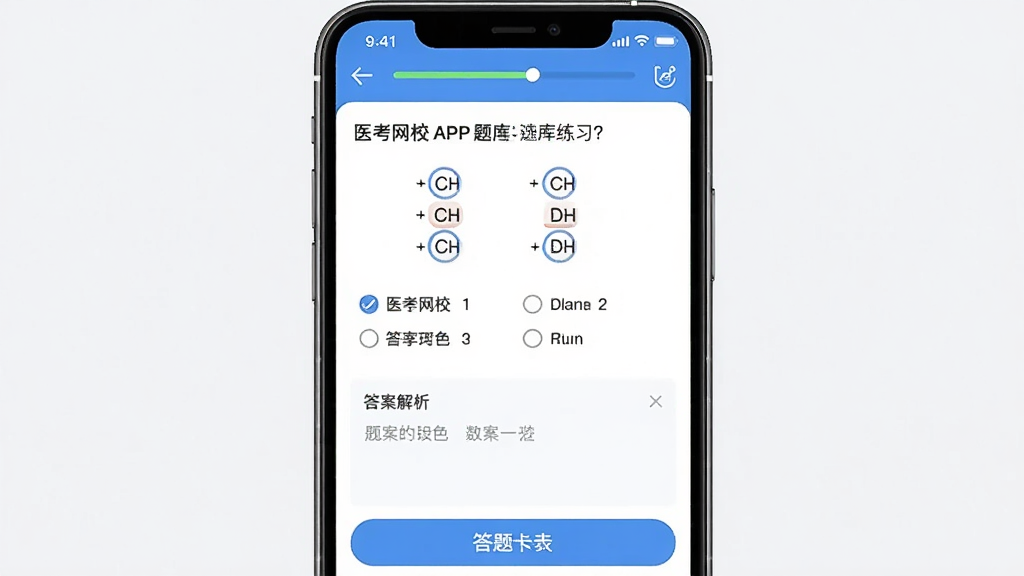 ����Ϊҽ����УAPP�������ϰ���棬��Ļ������ʾһ��ҽѧѡ������ĸ�ѡ��·��д𰸽������򣬲���Ϊ�ֻ�����չʾ�����Ϊ������APP������ˬ�Ű棬ϸ�ڰ��������������͵ײ����⿨��ť�������������ɾ����޶���Ԫ��