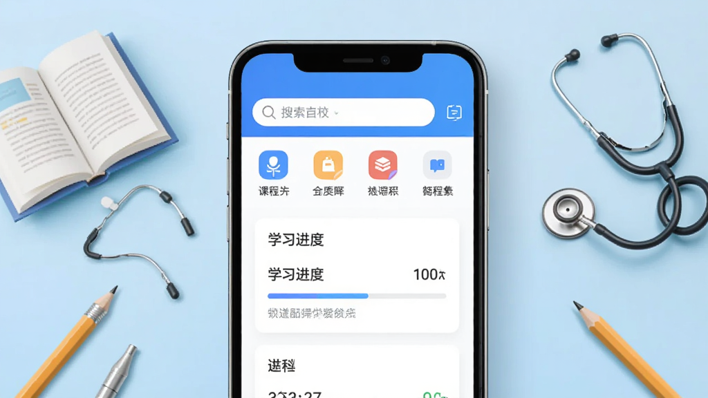 ����Ϊһ�������ֻ�����Ļ����ʾҽ����УAPP��ҳ���棬�Ϸ���������Ϳγ̷���ͼ�꣬�м���ѧϰ���ȿ�Ƭ������Ϊ�ֻ�����չʾ������Ϊǳ��ɫ���䣬������ִ���ϸ�ڰ����鱾����������Ǧ�ʵ�ѧϰԪ�ص�׺�������������ɾ����޶���Ԫ��