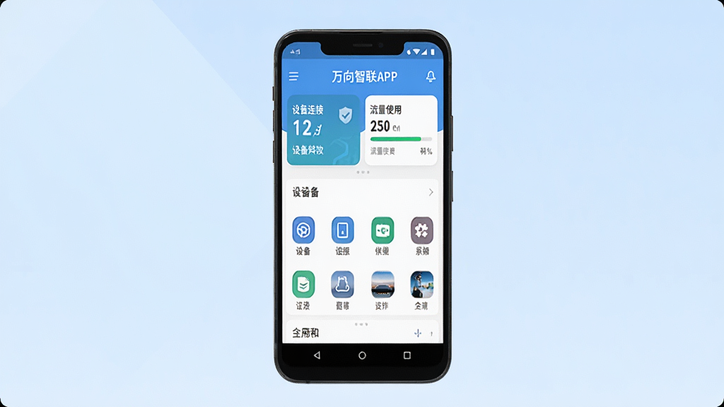 万向智联软件主界面预览图,画面中央展示一部安卓手机,手机屏幕上显示万向智联APP的首页布局,包含设备连接状态卡片、流量使用进度条和功能图标网格,背景为浅蓝色渐变,风格简洁现代,细节清晰,画质干净,无多余元素