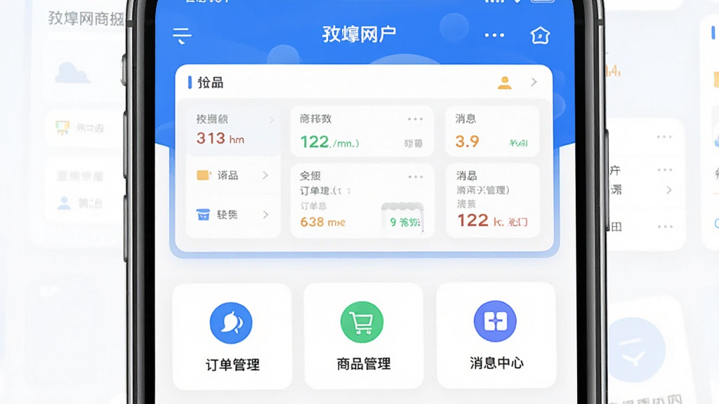 �ֻ���Ļ����չʾ�ػ����̻�App�����棬�Ϸ��ǵ������ݿ��壬�м����ж�����������Ʒ��������Ϣ���ĵȹ���ͼ�꣬�����Ǽ������������񣬻���ɾ����࣬���廭�ʣ��޶���Ԫ��
