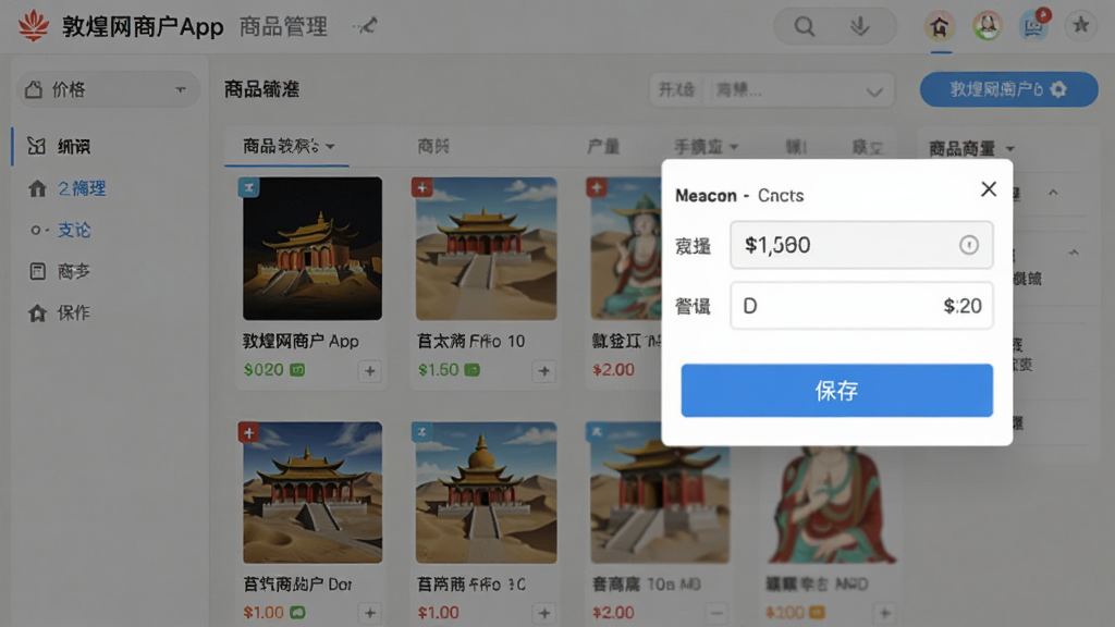 �ػ����̻�App��Ʒ�������棬չʾ��Ʒ�б��ͱ༭��������Ļ������ƷͼƬ���۸������ͱ��水ť��������࣬�����񣬸��廭��