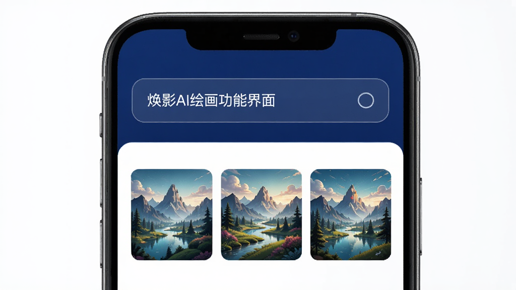 ��ӰAI�滭���ܽ��棬�ֻ���Ļ�ϰ벿��Ϊ����������°벿��չʾ����AI���ɵķ羰�廭����ͼ��������ɫΪ�������ɫ���䣬�Ű����������ʸ��壬�޶���Ԫ��