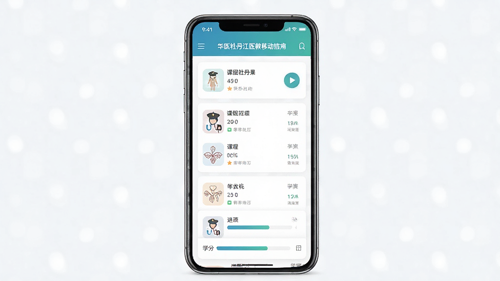 һ��չʾ��ҽĵ����ҽ���ƶ���Ӧ�ý��������ͼ������Ϊһ�������ֻ���Ļ����Ļ�ڳ��ֿγ��б���ѧ�ֽ����������־��жԳƣ��Ű������죬���Ϊ�ִ���ƽ����ƣ�ϸ�ڰ���ҽѧͼ�ꡢ���Ű�ť�ͽ����������ʸ��壬����ɾ����޶���Ԫ�ء�