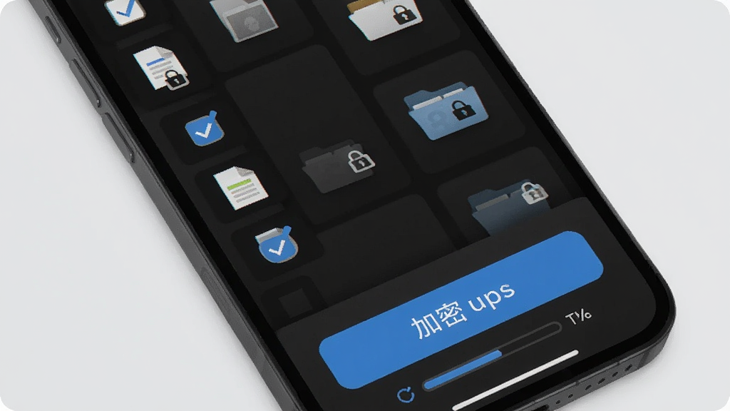 一张智块加密批量加密功能的场景图,画面中手机屏幕上显示多个文件被勾选,底部有加密按钮,文件夹图标带有锁形标记,背景为浅灰色简洁风格,细节包括勾选框和进度条,画质清晰干净,无多余元素