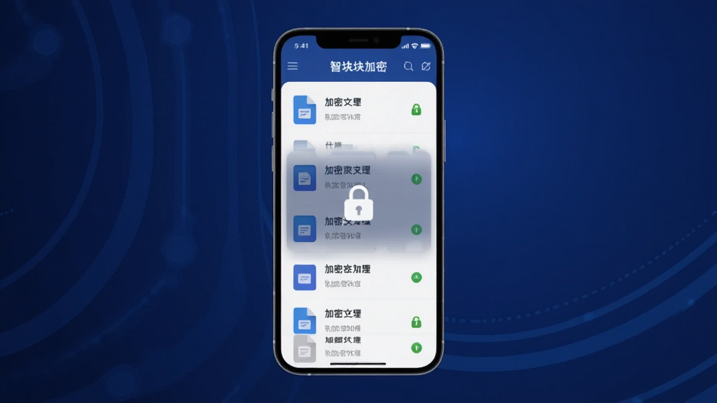 一张展示智块加密软件主界面的图片,画面中央是手机屏幕,屏幕上显示智块加密APP的加密文件列表和加锁图标,背景为深蓝色渐变,风格简洁科技感,细节包括文件缩略图和加密状态标识,画质清晰干净,无多余元素