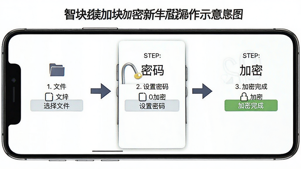一张智块加密新手操作示意图,画面中手机屏幕显示加密测试流程,包括选择文件、设置密码、加密完成三个步骤,背景为白色简洁风格,细节包括步骤编号和箭头指引,画质清晰干净,无多余元素