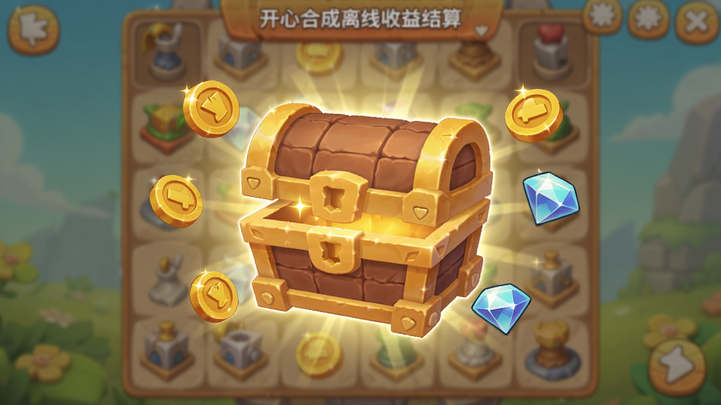 开心合成离线收益结算界面,画面中央弹出奖励宝箱,宝箱周围环绕金币和钻石图标,背景是游戏内的合成棋盘,卡通风格,色彩温暖,画面简洁,高清画质