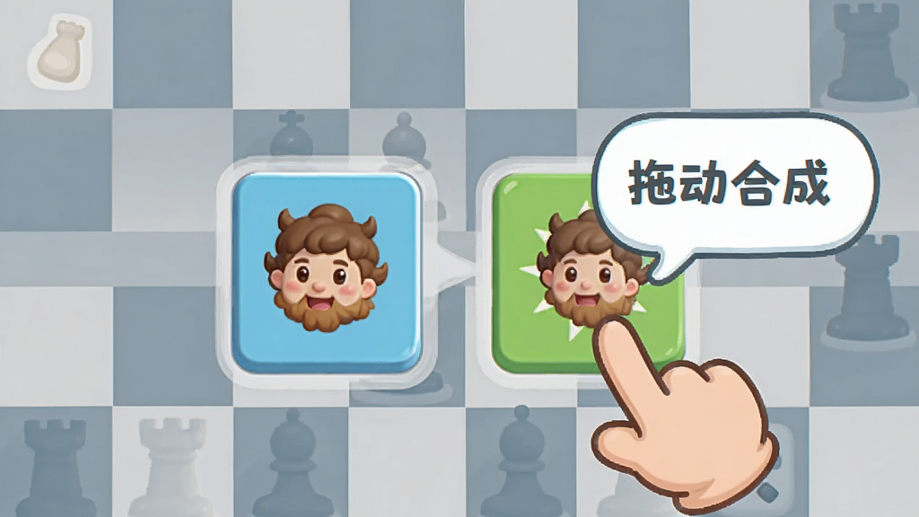 开心合成新手引导界面截图,画面中有一个卡通手指指向两个待合成的方块,旁边有文字气泡提示“拖动合成”,背景是简洁的棋盘,风格清新,画面干净,高清画质