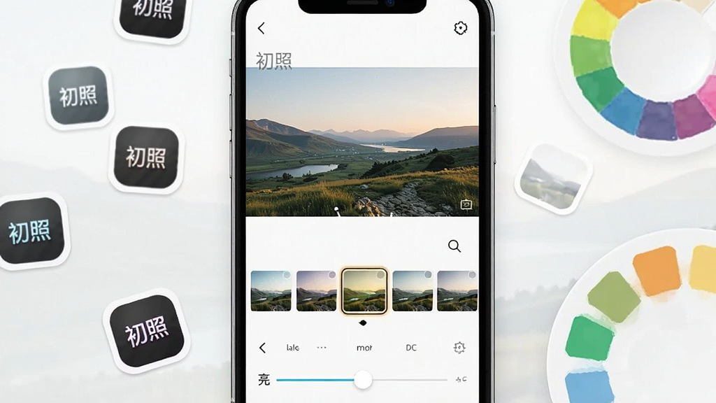 һ��չʾ����App��Ƭ�༭���ܵĽ���ͼ������Ϊ�ֻ���Ļ����ʾһ�����ڱ༭�ķ羰��Ƭ���·������˾�����ͼ����ڻ��顣����Ϊ�ֻ����У���Χɢ���˾�ͼ�����ɫ��Ԫ�ء����Ϊ�������շ硣ϸ�ڰ�����Ļ�ϵġ����ա�ˮӡ�������˾�ѡ�и��������Ȼ��顣�����������ɾ����޶���Ԫ�ء�
