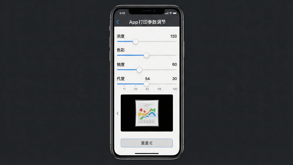 һ��չʾ����App��ӡ�����������Ľ���ͼ������Ϊ�ֻ���Ļ����ʾŨ�ȡ�ɫ�ʡ���ȵȵ��ڻ��顣����Ϊ�ֻ����У�����Ϊ���ɫ�����Ϊרҵ���߷硣ϸ�ڰ��������ϵ���ֵ�̶ȡ�Ԥ��Сͼ�����ð�ť�������������ɾ����޶���Ԫ�ء�