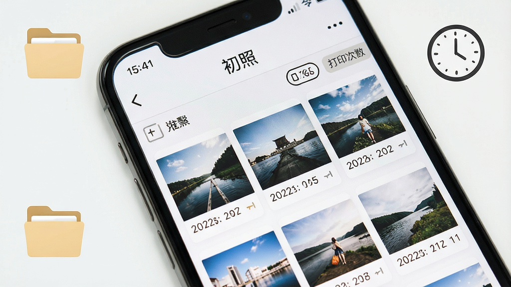 һ��չʾ����App��ʷ��¼���������ͼƬ������Ϊ�ֻ���Ļ����ʾ���������е���Ƭ����ͼ�б�������Ϊ�ֻ���Ļ��д����Χ���ļ�����ʱ��ͼ�ꡣ���Ϊ��������硣ϸ�ڰ�����Ļ�ϵġ����ա�������������ѡ��򡢴�ӡ������ǡ������������ɾ����޶���Ԫ�ء�