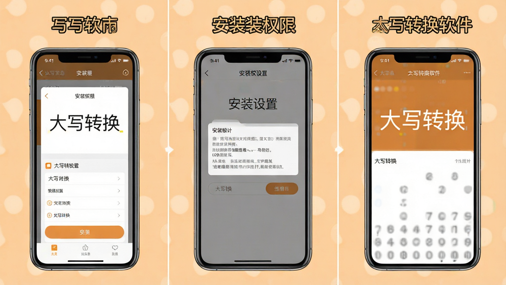一张展示大写转换软件安装与使用步骤的示意图,画面分为三个部分,左侧为手机下载界面,中间为安装权限设置界面,右侧为大写转换软件运行界面,屏幕中显示“大写转换”文字,背景为浅橙色,风格温馨实用,细节清晰,画质高清,干净无多余元素