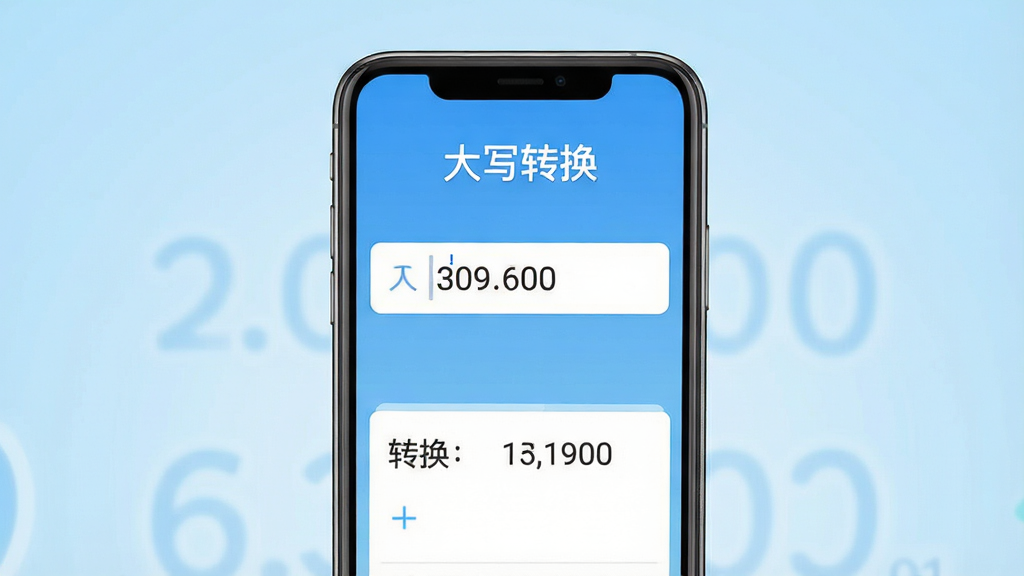 一张展示大写转换软件主界面的手机应用截图,画面中央放置一部现代智能手机,手机屏幕内显示大写转换应用的操作界面,界面顶部有软件名称“大写转换”字样,中部为数字输入框,下方为转换结果展示区域,背景为干净的浅蓝色渐变,风格简洁清爽,细节清晰,画质高清,干净无多余元素