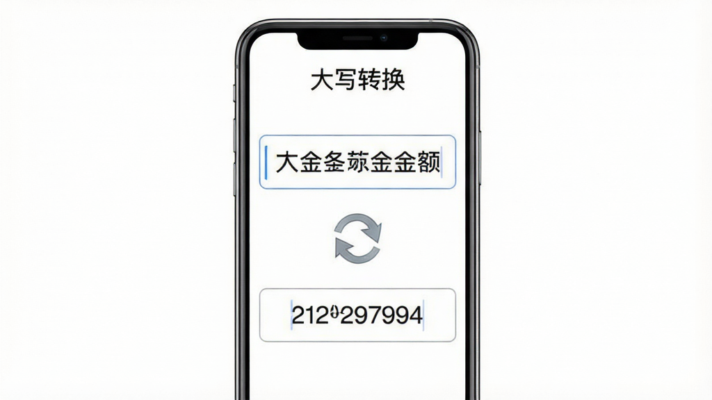 一张展示大写转换软件双向转换功能的界面示意图,画面中央为手机屏幕,屏幕内显示上下两个输入框,上方为中文大写金额,下方为阿拉伯数字,中间有转换箭头图标,屏幕顶部有“大写转换”字样,背景为纯白色,风格极简干净,细节清晰,画质高清,干净无多余元素