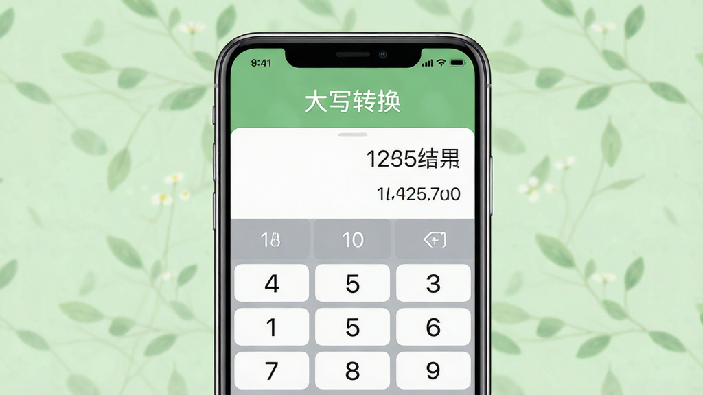 一张展示大写转换软件金额转换功能的界面截图,画面主体为手机屏幕,屏幕中显示数字键盘与转换结果,屏幕上方有“大写转换”文字标识,背景为柔和的淡绿色,风格清新自然,细节清晰,画质高清,干净无多余元素
