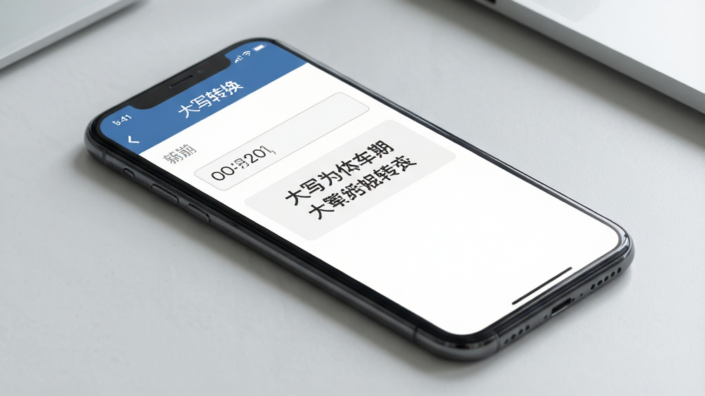 一张展示大写转换软件日期转换功能的手机界面图,画面中一部手机平放在桌面上,屏幕内显示日期输入框与中文大写日期结果,界面中有“大写转换”软件名称,背景为浅灰色桌面,风格简约商务,细节清晰,画质高清,干净无多余元素
