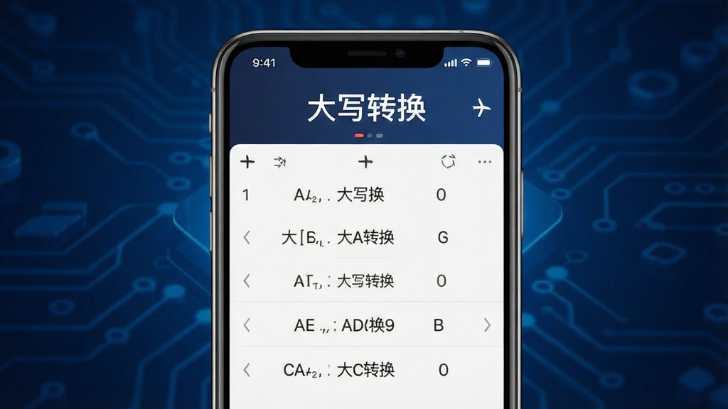 一张展示大写转换软件离线运行特性的示意图,画面中一部手机处于飞行模式界面,屏幕内仍显示大写转换软件正常运行的转换结果,屏幕上方有“大写转换”文字,背景为深蓝色科技感渐变,风格现代简洁,细节清晰,画质高清,干净无多余元素