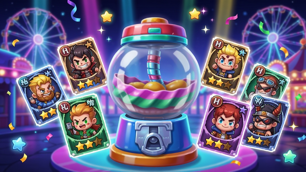 ������Ԫ��Ϸ��Ӣ����ļ���棬��������Ϊ�޴��Ť��������Χ���Ƹ�ɫ���Ӣ�ۿ��ƣ������ϱ�עϡ�ж��Ǽ�������Ϊ�޺���˸������԰ҹ�������ΪQ�濨ͨ���޺��Ч��ϸ�ڰ�����ɫ������Ʈ��Ĳʴ�����˸�����ǣ����������������ɾ�������Ԫ��