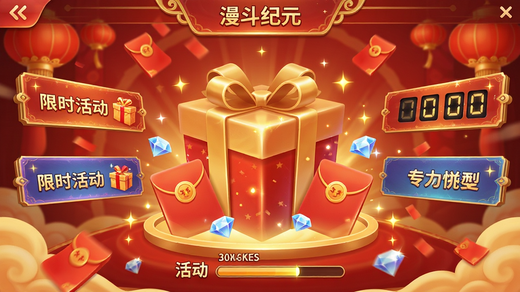 ������Ԫ��Ϸ�ڻ���Ľ��棬��������Ϊ�޴�Ľ����������ͼ�꣬��Χ������ʱ�����뵹��ʱ�ƣ�����Ϊϲ��ĺ�ɫ���ɫ���⣬���Ϊ���������ϸ�ڰ���Ʈ��ĺ������˸����ʯ��������������ʸ��壬�ɾ����࣬�޶���Ԫ��