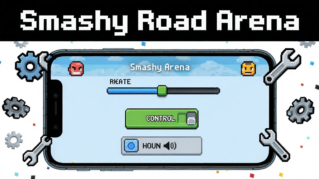 һ�������ֻ���Ļ��ʾ Smashy Road Arena ����Ϸ���ý��棬�������л��ʵ��ڻ��顢���Ʒ�ʽ�л���ť������ѡ��ֻ���ΧƯ���ų��ֺͰ���ͼ���ʾ�Ż������ط��ͼ�꣬����UI���֣����廭�ʣ��ɾ��޶���Ԫ�أ�ͼƬ�Ϸ��ð�ɫ����д�š�Smashy Road Arena��