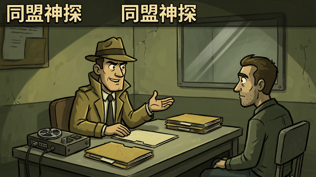 同盟神探游戏界面截图风格插画,画面展示一个侦探正在审讯室中与嫌疑人对话,桌上有录音机和档案袋,墙上有一面单面镜,画面采用美式卡通风格,色调偏暗黄与灰绿,细节丰富,画质清晰,画面中带有“同盟神探”字样的标题栏,无多余元素。