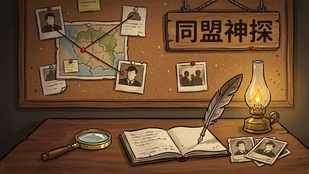 一幅以侦探推理为主题的数字插画,画面中央是一张木质办公桌,桌上摆放着放大镜、笔记本、羽毛笔、煤油灯和几张泛黄的照片,背景是一面贴满线索纸条和地图的软木板,墙上挂着“同盟神探”字样的木质标牌。整体风格为美式卡通手绘风,色调偏暖棕色与暗金色,细节丰富,画质清晰干净,无多余元素。