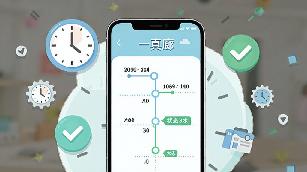 һ���ȱ�������׷�ٽ��棬����չʾ�ֻ���Ļ�ϵĽ��Ȳ�ѯҳ�棬����ʱ�����״̬��ǩ����Χ����ʱ�ӡ��Թ�ͼ���Ԫ�أ���������ǳɫϵ��ɫ����ƽ���廭�������������ʾ