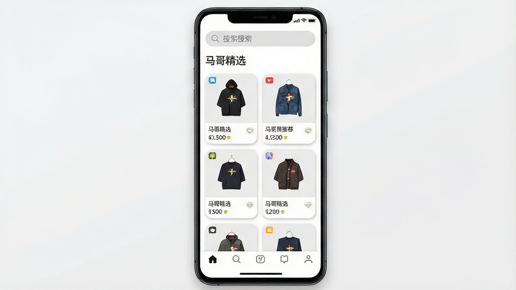 һ��չʾ�����羫ѡ���ֻ�Ӧ�ý����ͼƬ��������һ��������׿�ֻ�����Ļ�ڳ�����Ʒ���࿨Ƭ�뾫ѡ�Ƽ��б������ֲ������½ṹ������Ϊ�������롰���羫ѡ�����ֱ�ʶ���в�Ϊ����������Ʒͼ���ײ�Ϊ��������������ִ���ϸ�ڰ���Բ�ǿ�Ƭ�������Ӱ������ͼ�꣬���ʸ��壬�ɾ����޶���Ԫ��