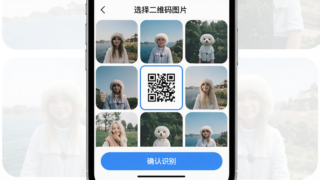�ֻ���Ļ��ʾ��΢��ά��ɨ�项�����ѡͼ���棬������չʾ�ֻ�������񲼾֣�����ͼƬ����ͼ�������룬����һ�Ŵ��ж�ά���ͼƬ������ѡ�У��ײ��С�ȷ��ʶ�𡹰�ť������Ϊ����ӵײ������������Ϊ�ִ���ƽ����ƣ�ϸ�ڰ���ѡ�п����������ͼԲ�ǡ��������⡸ѡ���ά��ͼƬ�������ʸ��壬����ɾ����޶���Ԫ��