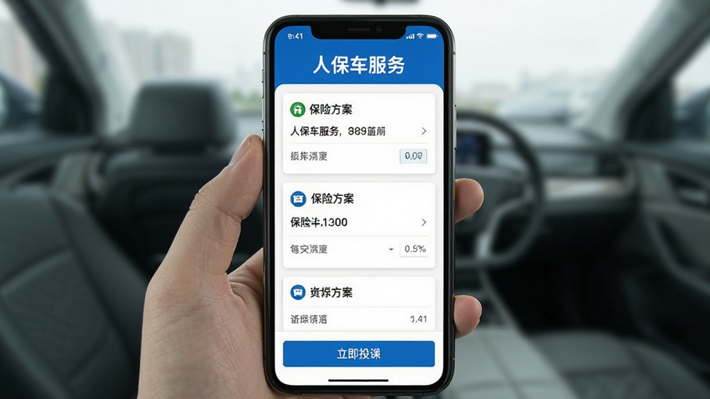 一张手机屏幕截图风格的图片,画面中显示人保车服务APP的车险报价页面,上方有蓝色标题栏写着人保车服务,中间是保险方案卡片列表,下方有立即投保按钮,整体排版整洁,风格商务简约,画质清晰,无多余元素