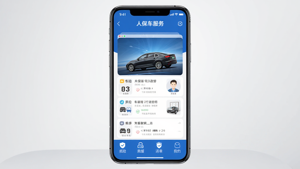 一款蓝色调的手机APP界面展示图,画面中央是一部智能手机,屏幕上显示人保车服务APP的主页,底部有车险、救援、违章、我的四个导航按钮,背景为浅灰色渐变,整体风格简洁商务,画质清晰干净,无多余元素