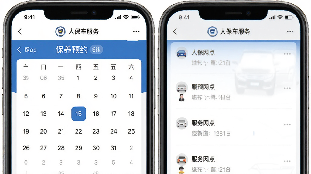 一张手机APP预约服务界面的图片,画面中显示人保车服务APP的保养预约页面,有日历选择控件和服务网点列表,整体配色为蓝白相间,风格清爽简约,画质清晰,无多余元素