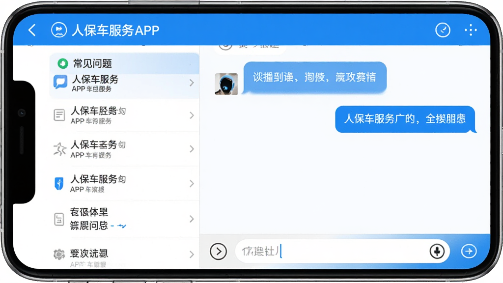 一部手机屏幕显示人保车服务APP的客服聊天界面,左侧有常见问题列表,右侧是对话窗口,底部有输入框,整体配色为蓝白色调,风格简洁清晰,画质干净,无多余元素